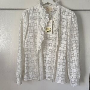 Sezane White Lace Blouse with Ruffle Detail